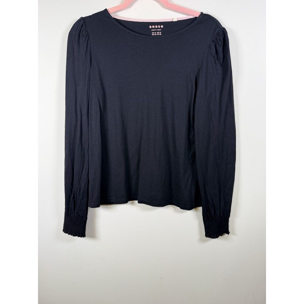 Boden Womens Black Jersey Scoop Neck Puff Long Sleeve Smocked Wrist Blouse - 10